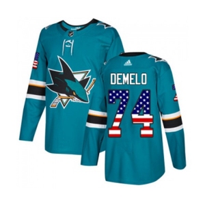 Adidas San Jose Sharks #74 Dylan DeMelo Authentic Teal Green USA Flag Fashion NHL Jersey