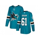 Men Adidas San Jose Sharks #61 Justin Braun Teal Home Authentic Stitched NHL Jersey