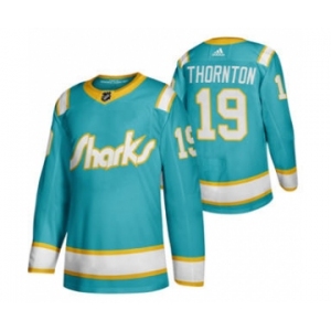 Men's San Jose Sharks #19 Joe Thornton 2020 Throwback Authentic Player Hockey Jersey Teal