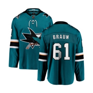 San Jose Sharks #61 Justin Braun Fanatics Branded Teal Green Home Breakaway NHL Jersey