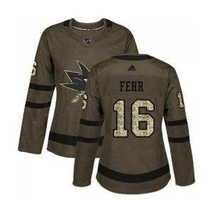 Women Adidas San Jose Sharks #16 Eric Fehr Authentic Green Salute to Service NHL Jersey