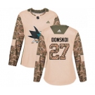 Women Adidas San Jose Sharks #27 Joonas Donskoi Authentic Camo Veterans Day Practice NHL Jersey