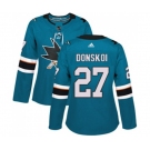 Women Adidas San Jose Sharks #27 Joonas Donskoi Authentic Teal Green Home NHL Jersey