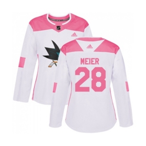 Women Adidas San Jose Sharks #28 Timo Meier Authentic White Pink Fashion NHL Jersey