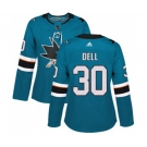Women Adidas San Jose Sharks #30 Aaron Dell Authentic Teal Green Home NHL Jersey