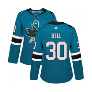 Women Adidas San Jose Sharks #30 Aaron Dell Authentic Teal Green Home NHL Jersey