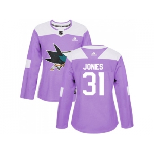 Women Adidas San Jose Sharks #31 Martin Jones Purple Authentic Fights Cancer Stitched NHL Jersey