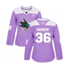 Women Adidas San Jose Sharks #36 Jannik Hansen Authentic Purple Fights Cancer Practice NHL Jersey