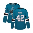 Women Adidas San Jose Sharks #42 Joel Ward Premier Teal Green Home NHL Jersey