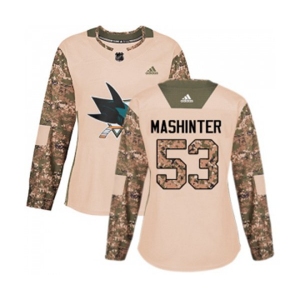 Women Adidas San Jose Sharks #53 Brandon Mashinter Authentic Camo Veterans Day Practice NHL Jersey