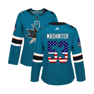 Women Adidas San Jose Sharks #53 Brandon Mashinter Authentic Teal Green USA Flag Fashion NHL Jersey