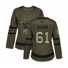 Women Adidas San Jose Sharks #61 Justin Braun Authentic Green Salute to Service NHL Jersey