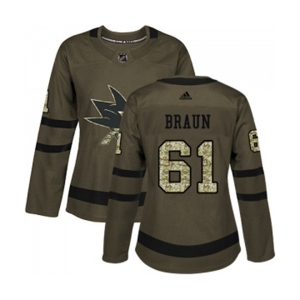 Women Adidas San Jose Sharks #61 Justin Braun Authentic Green Salute to Service NHL Jersey