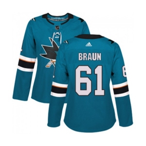 Women Adidas San Jose Sharks #61 Justin Braun Authentic Teal Green Home NHL Jersey