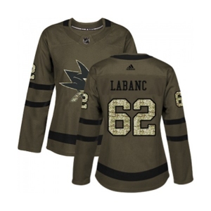 Women Adidas San Jose Sharks #62 Kevin Labanc Authentic Green Salute to Service NHL Jersey