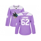 Women Adidas San Jose Sharks #62 Kevin Labanc Purple Authentic Fights Cancer Stitched NHL Jersey