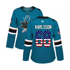Women Adidas San Jose Sharks #68 Melker Karlsson Authentic Teal Green USA Flag Fashion NHL Jersey