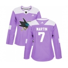 Women Adidas San Jose Sharks #7 Paul Martin Authentic Purple Fights Cancer Practice NHL Jersey