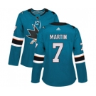 Women Adidas San Jose Sharks #7 Paul Martin Premier Teal Green Home NHL Jersey