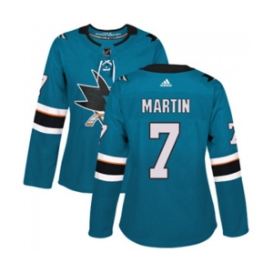 Women Adidas San Jose Sharks #7 Paul Martin Premier Teal Green Home NHL Jersey