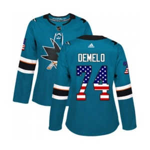 Women Adidas San Jose Sharks #74 Dylan DeMelo Authentic Teal Green USA Flag Fashion NHL Jersey