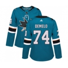 Women Adidas San Jose Sharks #74 Dylan DeMelo Premier Teal Green Home NHL Jersey