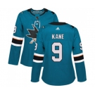 Women Adidas San Jose Sharks #9 Evander Kane Authentic Teal Green Home NHL Jersey