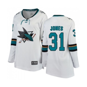 Women San Jose Sharks #31 Martin Jones Fanatics Branded White Away Breakaway NHL Jersey