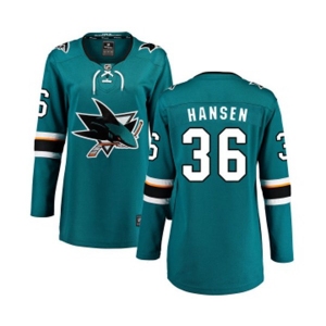 Women San Jose Sharks #36 Jannik Hansen Fanatics Branded Teal Green Home Breakaway NHL Jersey