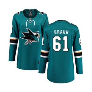 Women San Jose Sharks #61 Justin Braun Fanatics Branded Teal Green Home Breakaway NHL Jersey