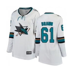 Women San Jose Sharks #61 Justin Braun Fanatics Branded White Away Breakaway NHL Jersey