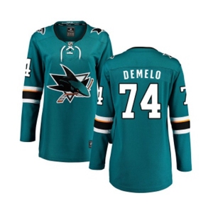 Women San Jose Sharks #74 Dylan DeMelo Fanatics Branded Teal Green Home Breakaway NHL Jersey
