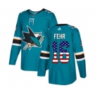 Youth Adidas San Jose Sharks #16 Eric Fehr Authentic Teal Green USA Flag Fashion NHL Jersey