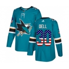 Youth Adidas San Jose Sharks #30 Aaron Dell Authentic Teal Green USA Flag Fashion NHL Jersey
