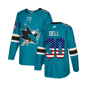 Youth Adidas San Jose Sharks #30 Aaron Dell Authentic Teal Green USA Flag Fashion NHL Jersey