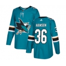 Youth Adidas San Jose Sharks #36 Jannik Hansen Authentic Teal Green Home NHL Jersey