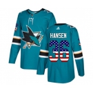 Youth Adidas San Jose Sharks #36 Jannik Hansen Authentic Teal Green USA Flag Fashion NHL Jersey