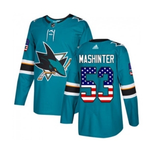 Youth Adidas San Jose Sharks #53 Brandon Mashinter Authentic Teal Green USA Flag Fashion NHL Jersey