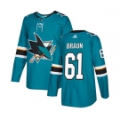 Youth Adidas San Jose Sharks #61 Justin Braun Authentic Teal Green Home NHL Jersey