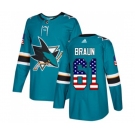 Youth Adidas San Jose Sharks #61 Justin Braun Authentic Teal Green USA Flag Fashion NHL Jersey