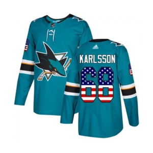 Youth Adidas San Jose Sharks #68 Melker Karlsson Authentic Teal Green USA Flag Fashion NHL Jersey