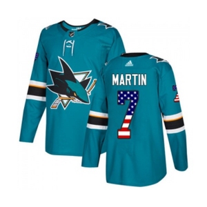 Youth Adidas San Jose Sharks #7 Paul Martin Authentic Teal Green USA Flag Fashion NHL Jersey