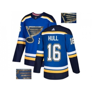 Men Adidas St. Louis Blues #16 Brett Hull Blue Home Authentic Fashion Gold Stitched NHL Jersey
