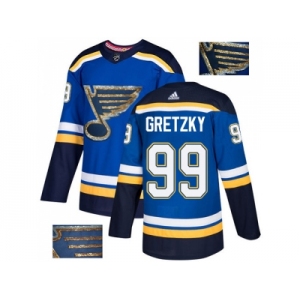 Men Adidas St. Louis Blues #99 Wayne Gretzky Blue Home Authentic Fashion Gold Stitched NHL Jersey