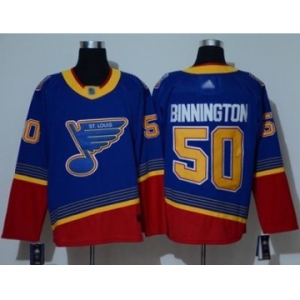 Men's Blues #50 Jordan Binnington Blue Red Authentic 2019 Heritage Stitched Hockey Jersey