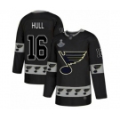 Men's St. Louis Blues #16 Brett Hull Authentic Black Team Logo Fashion 2019 Stanley Cup Champions Hockey Jersey