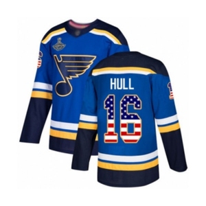 Men's St. Louis Blues #16 Brett Hull Authentic Blue USA Flag Fashion 2019 Stanley Cup Champions Hockey Jersey