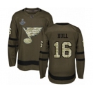 Men's St. Louis Blues #16 Brett Hull Authentic Green Salute to Service 2019 Stanley Cup Champions Hockey Jersey