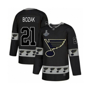 Men's St. Louis Blues #21 Tyler Bozak Authentic Black Team Logo Fashion 2019 Stanley Cup Champions Hockey Jersey