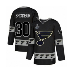 Men's St. Louis Blues #30 Martin Brodeur Authentic Black Team Logo Fashion 2019 Stanley Cup Champions Hockey Jersey